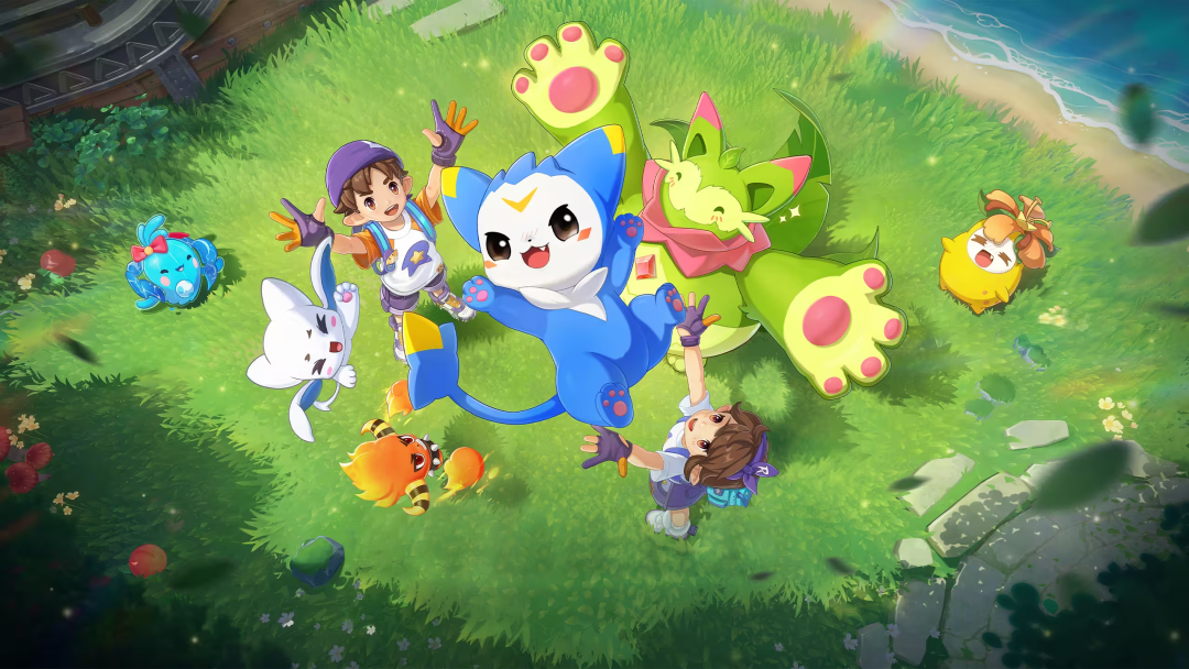 描绘孩子们与多种可爱宠物在草地上欢乐互动的卡通插画