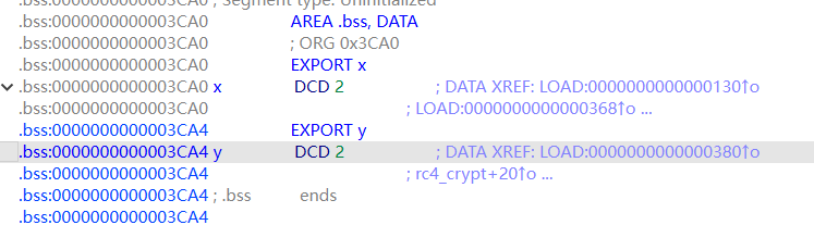 .bss段汇编视图,x和y被DCD 2填充