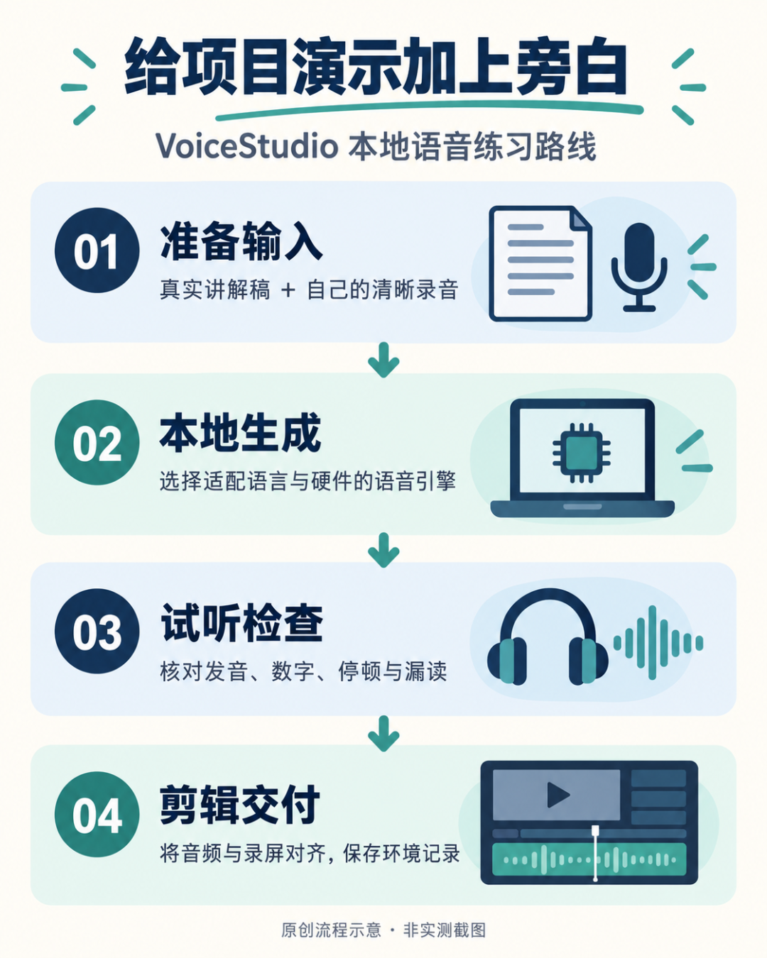 VoiceStudio 本地语音练习路线流程图:准备输入、本地生成、试听检查、剪辑交付四步骤