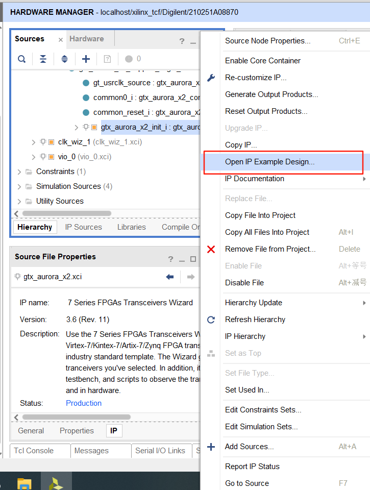 Hardware Manager界面，右键菜单高亮显示“Open IP Example Design...”选项