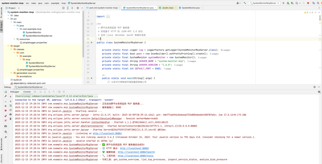 Java项目启动日志与代码界面截图