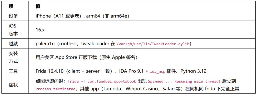 设备与越狱环境详细信息表格