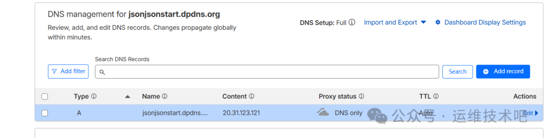 DNS管理界面截图，显示域名jsonjsonstart.dpdns.org的DNS记录管理页面，包含标题、描述文字、搜索框、添加过滤器和记录按钮，下方表格列有Type、Name、Content、Proxy status、TTL、Actions等字段，其中高亮显示一条A记录：名称为jsonjsonstart.dpdns....，内容为20.31.123.121，代理状态为DNS only，TTL为Auto