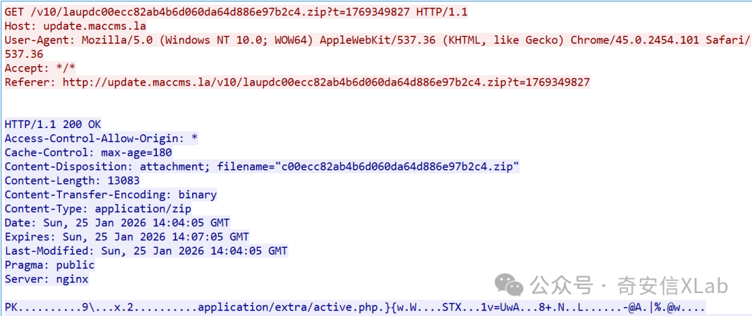 HTTP响应头和部分URL参数的文本截图，包含GET请求、响应状态码200 OK、服务器信息（nginx）、内容类型（application/zip）等HTTP协议相关字段