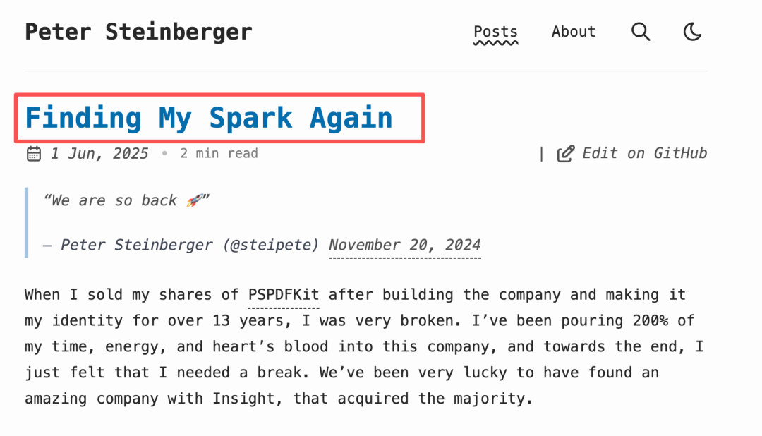 Peter Steinberger博客文章“Finding My Spark Again”的标题截图