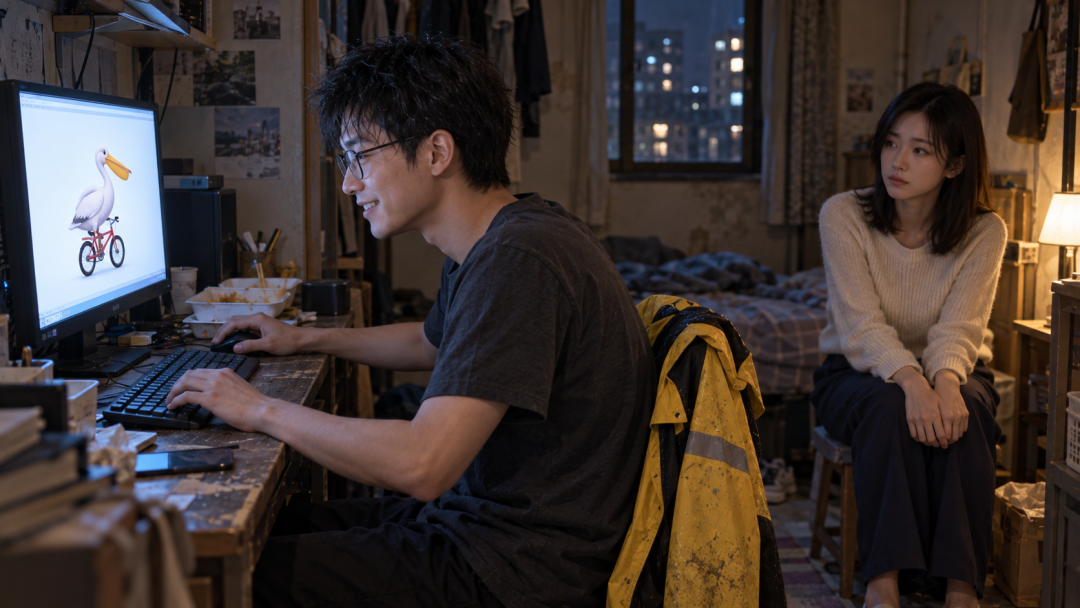 男主专注操作电脑,屏幕显示鹈鹕骑自行车图像