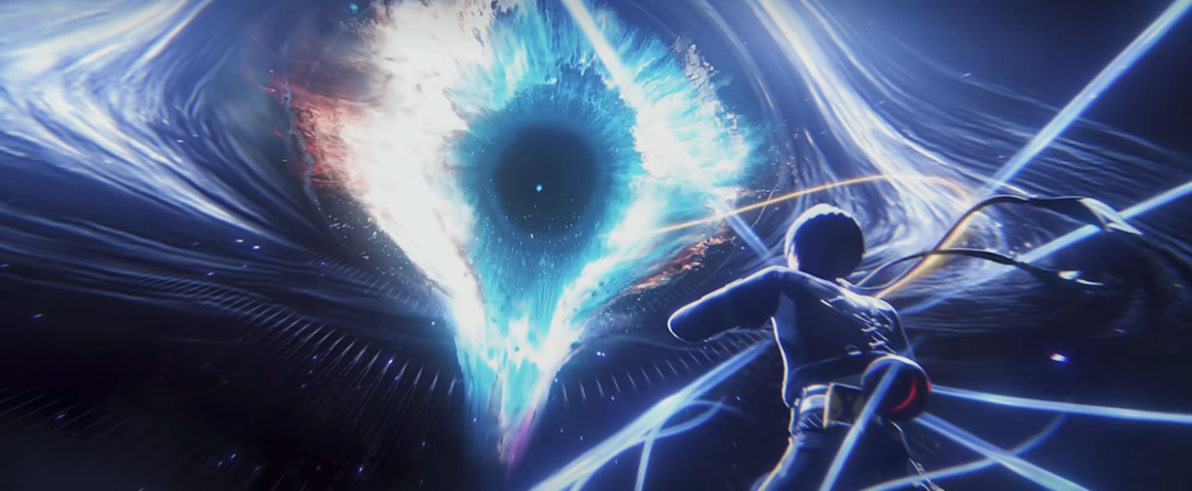 角色站在能量漩涡前的科幻场景