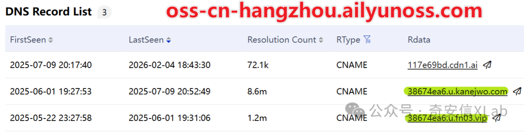 DNS记录列表截图，显示了三个CNAME记录的首次出现时间、最后出现时间、解析次数、记录类型和记录数据。顶部有红色标题文字“oss-cn-hangzhou.ailyunoss.com”，表格列包括FirstSeen、LastSeen、Resolution Count、RType和Rdata