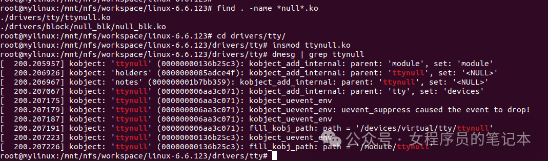 终端加载ttynull.ko模块并查看内核日志