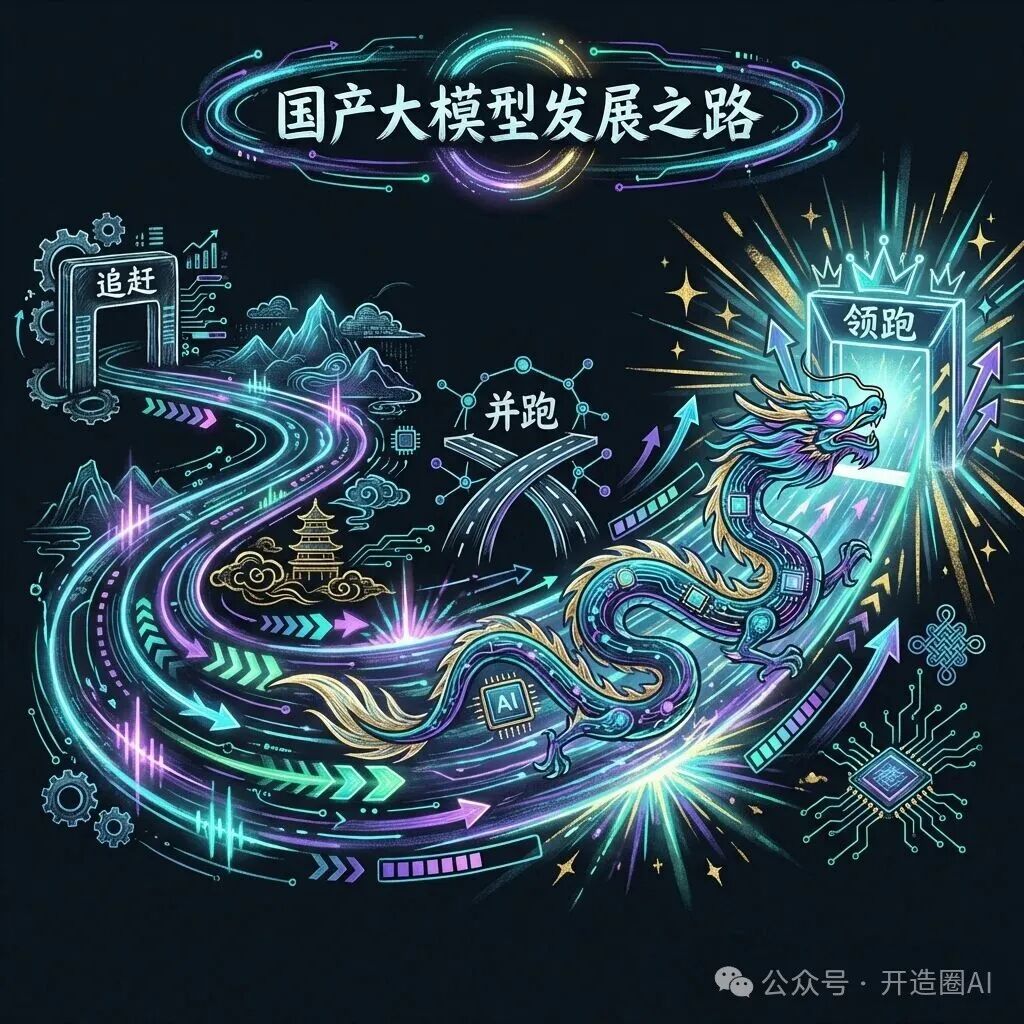 象征国产大模型从追赶到并跑、领跑的发展路径插画