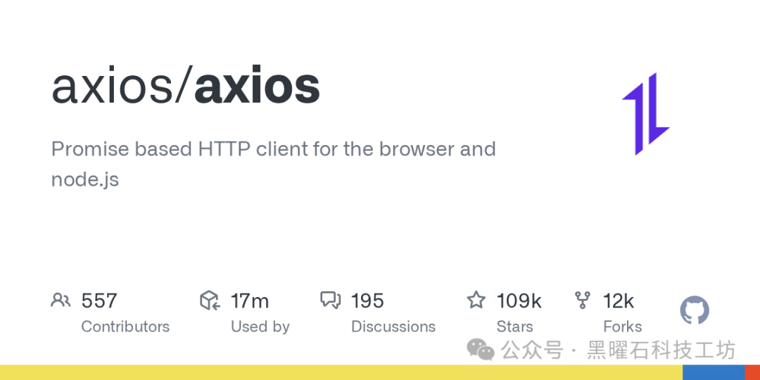GitHub 上的 axios/axios 项目仓库截图，显示项目描述、统计数据（星标、Fork 数等）及 Axios 标志
