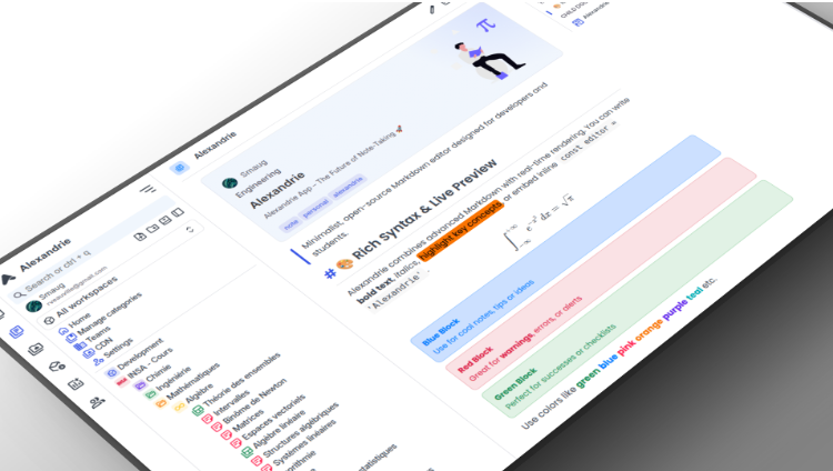Alexandrie 编辑界面截图，展示 Markdown 实时预览与彩色提示块