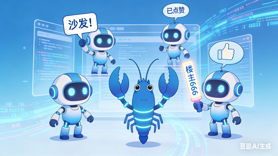 一群机器人围着一只发光的蓝色龙虾点赞欢呼的插画