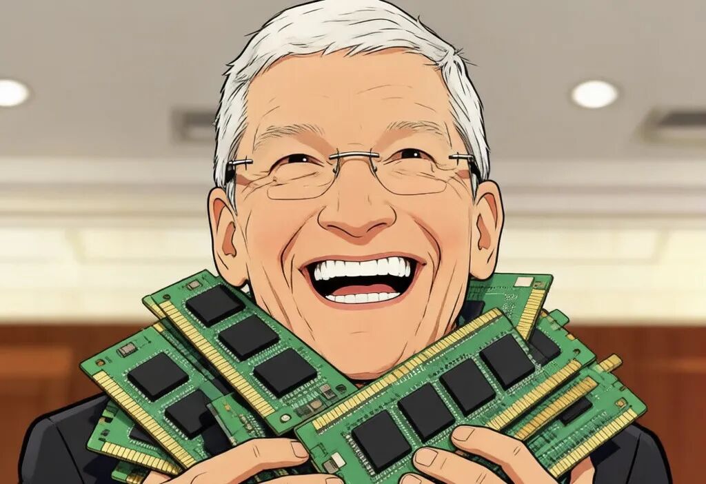 白发老人手捧绿色内存条的趣味插画