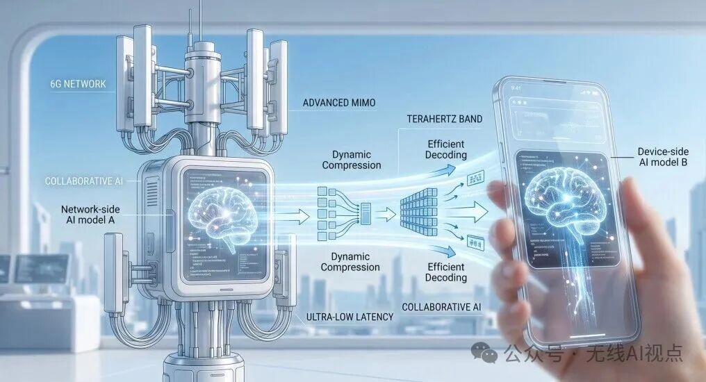 6G网络与AI协同架构示意图:网络侧AI模型与设备侧AI模型通过动态压缩与高效解码实现协同,支撑超低时延通信。