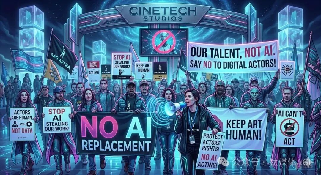 抗议AI替代的科幻风格插画，人群举着STOP AI STEALING OUR WORK等标语