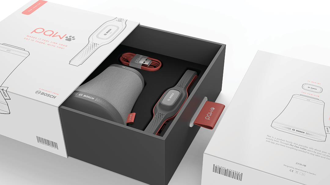 图片展示了一个BOSCH品牌的PAW宠物智能项圈产品包装盒