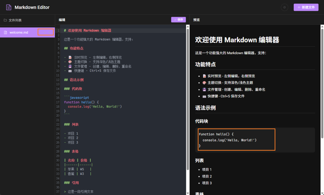 运行中的Markdown编辑器Web界面，左侧为编辑区，右侧为实时预览区