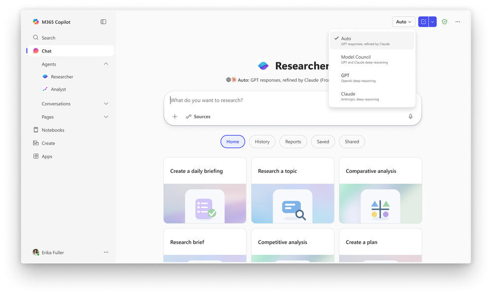 Microsoft 365 Copilot Researcher 界面截图,展示了 Auto 模式下的 GPT 与 Claude 协作选项