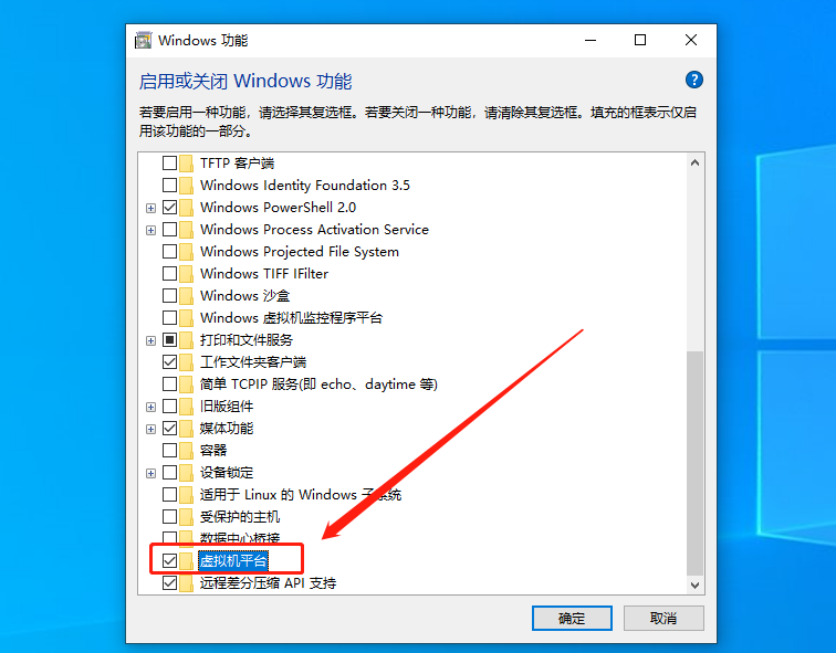 勾选虚拟机平台功能