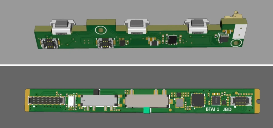 左右镜腿小板 PCB 3D 渲染,集成按键与传感器