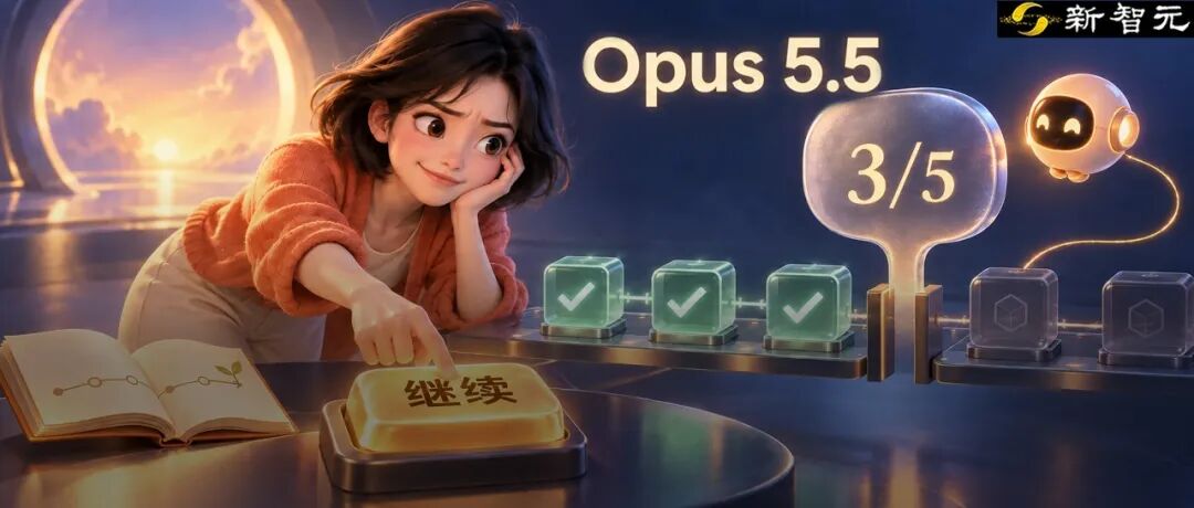 Claude Opus 5.5 插画:AI 按下继续按钮