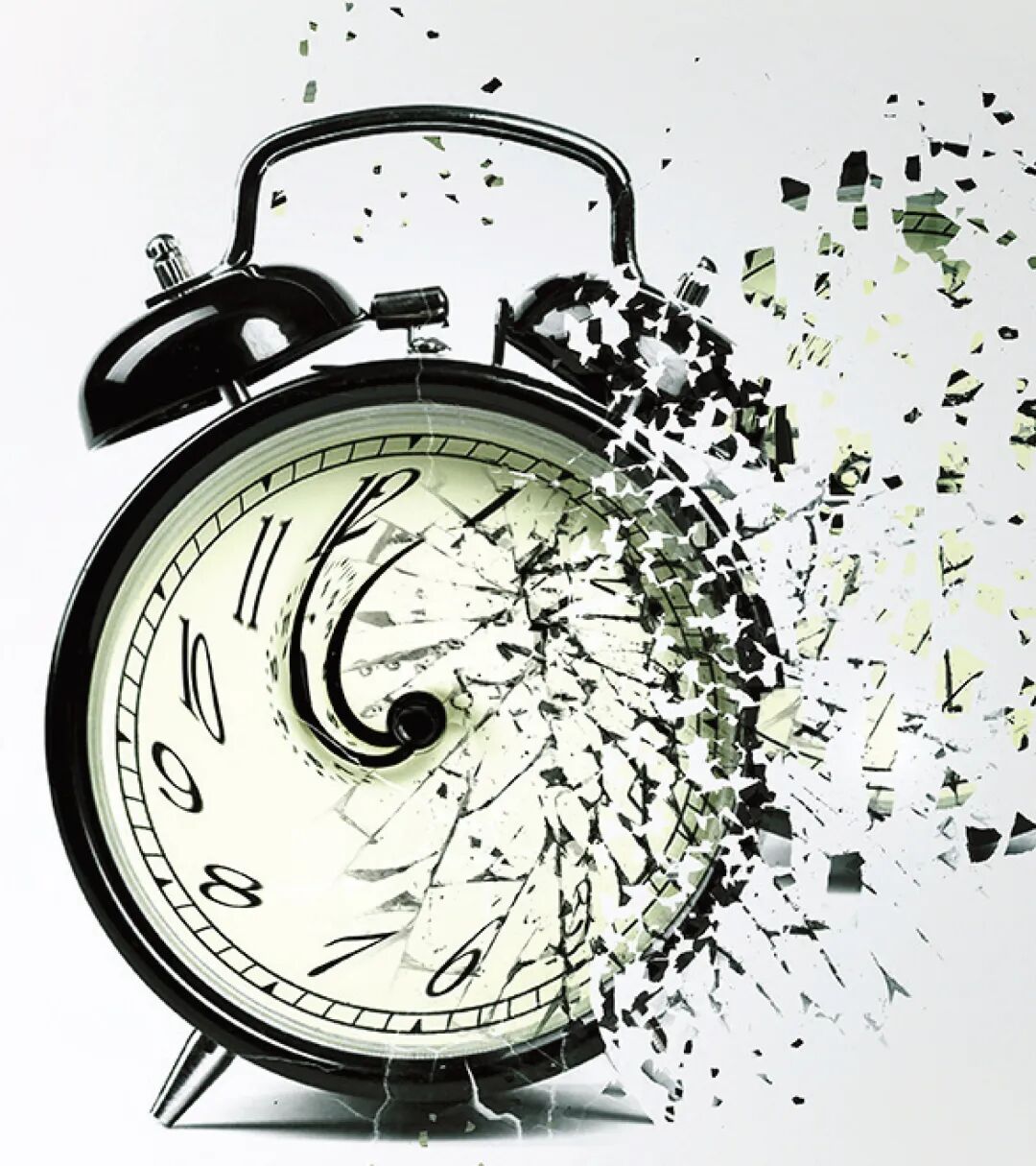 破碎的时钟表盘，象征时间认知的困难