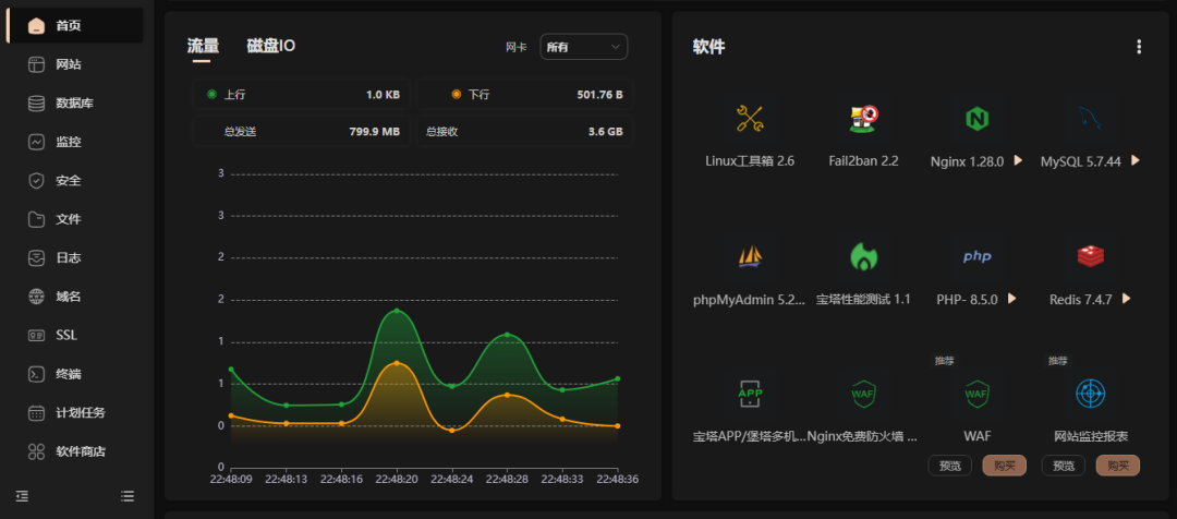宝塔面板黑金主题界面