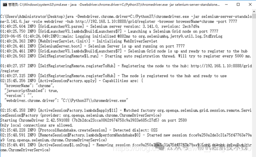 脚本执行后，Node 端控制台显示的 ChromeDriver 启动和会话创建日志