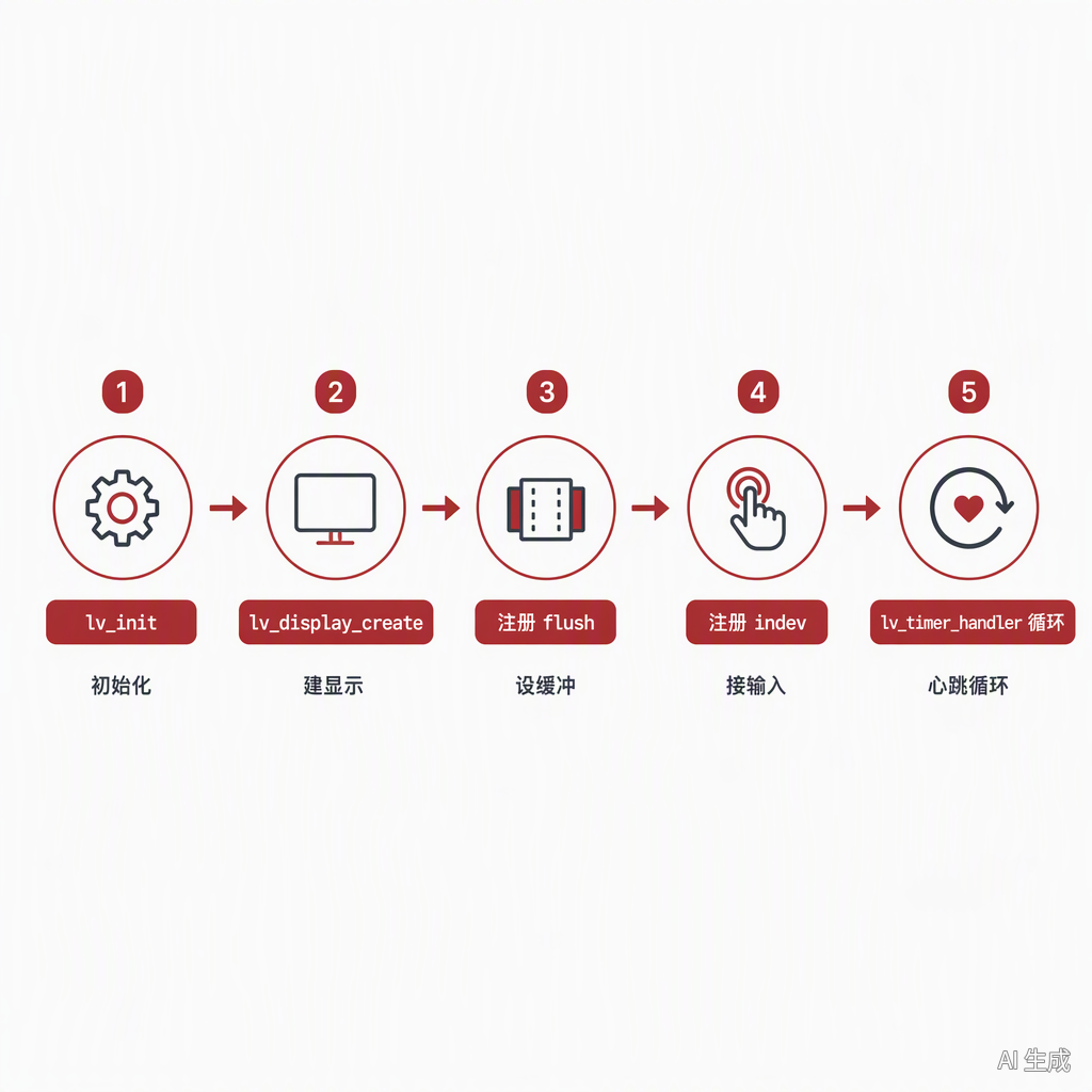 LVGL 最小集成五步骨架:lv_init、lv_display_create、注册 flush、注册 indev、lv_timer_handler 循环