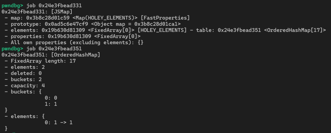 深色背景的终端或调试器界面,显示了两个 JavaScript 对象的内存结构信息,包含 Map、OrderedHashMap 和 FixedArray 等数据结构