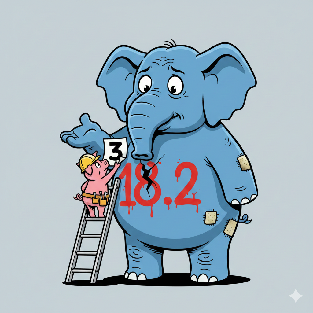一幅幽默的卡通插画,描绘了一只身上写着“18.2”且贴满创可贴的惊恐大象,象征有问题的版本