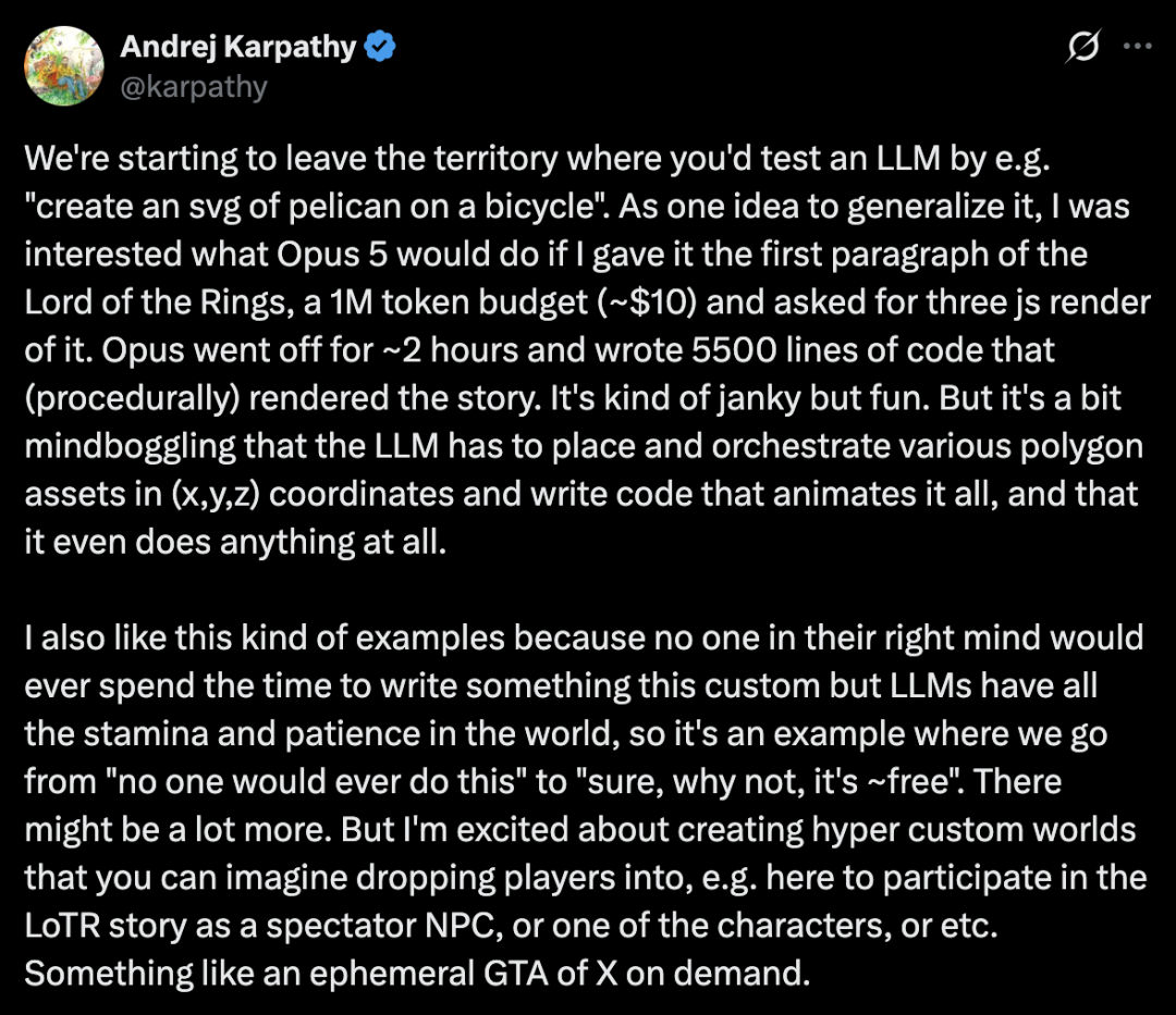 Karpathy 推特截图:讨论 Opus 5 生成《指环王》3D 渲染过程