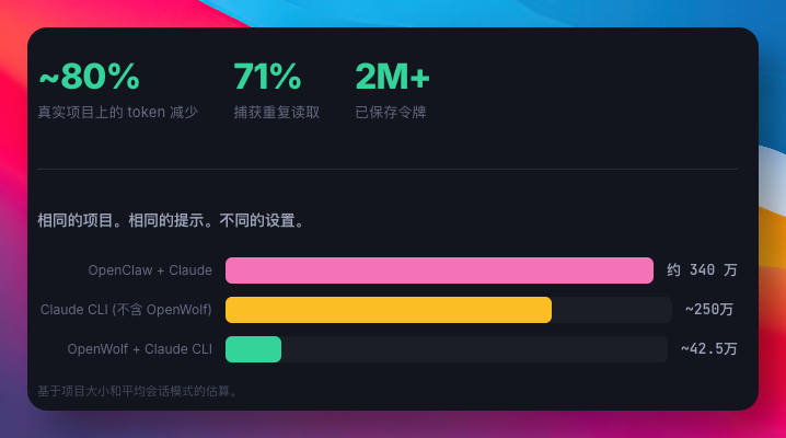 Token 消耗对比统计面板，显示 OpenWolf 方案成本优势显著