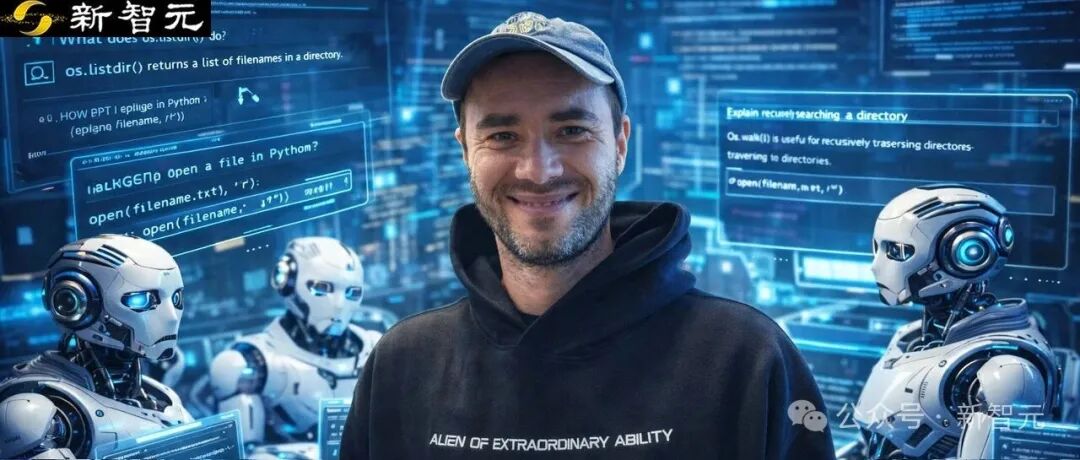 Andrej Karpathy站在布满代码和机器人的未来感背景中