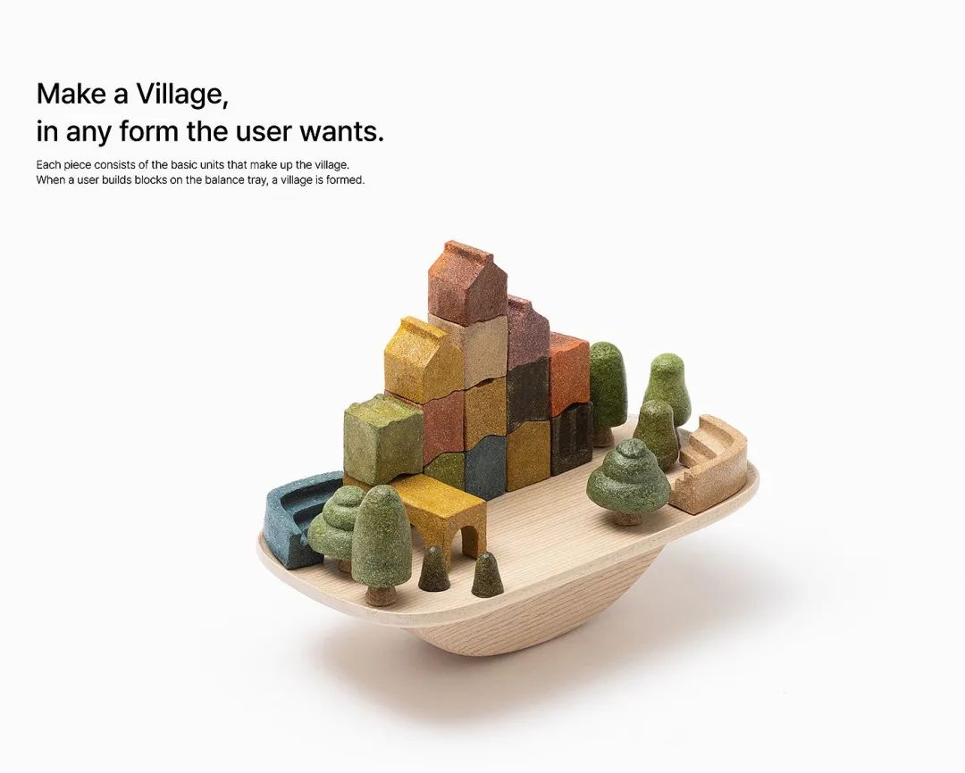 木质平衡托盘上搭建的彩色积木村庄模型