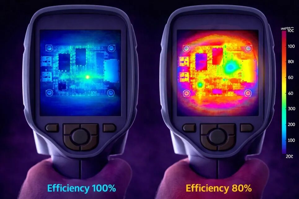 高效电路(左，蓝色调，标注Efficiency 100%)与低效电路(右，红黄色调，标注Efficiency 80%)的热成像对比图