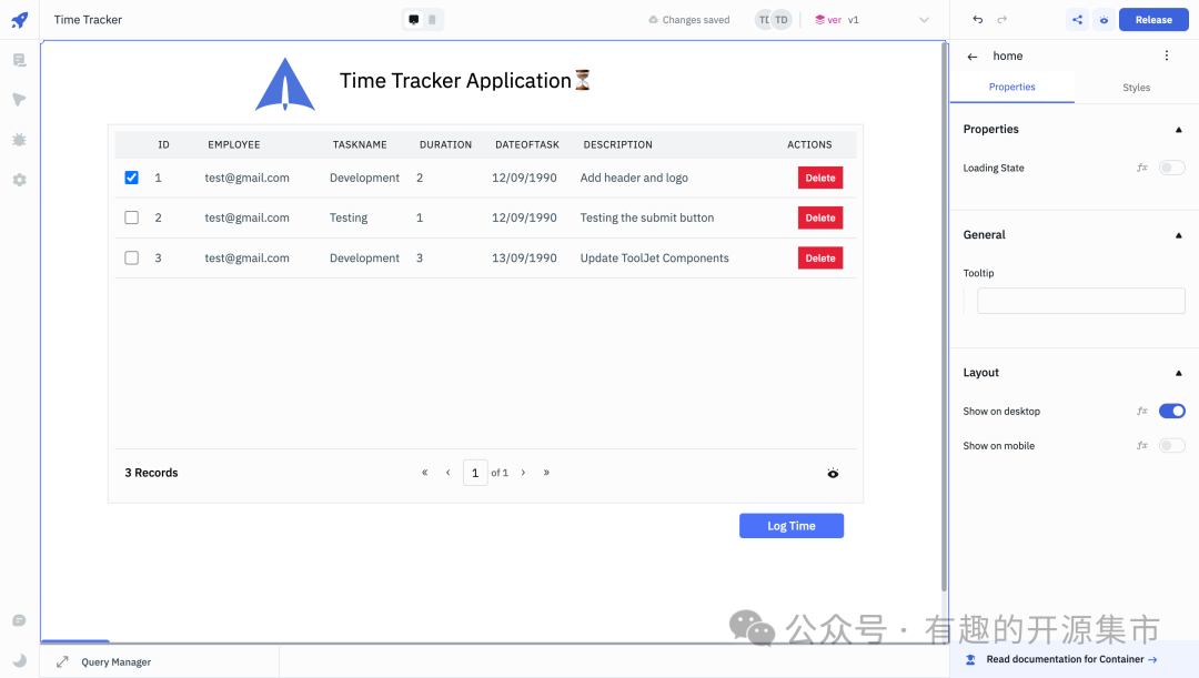 ToolJet Time Tracker 应用效果:时间记录表格