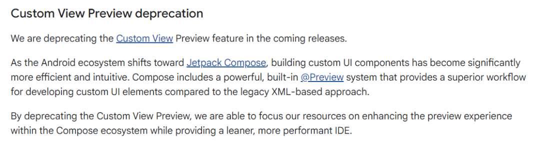 Android Studio弃用Custom View Preview功能的通知截图