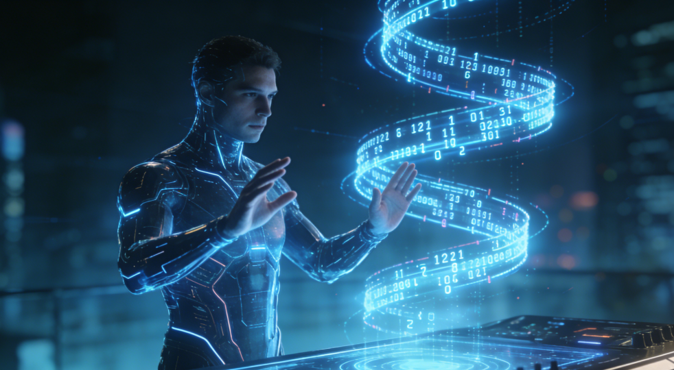 未来科技风格的全息投影与人物,象征AI智能体的科幻感