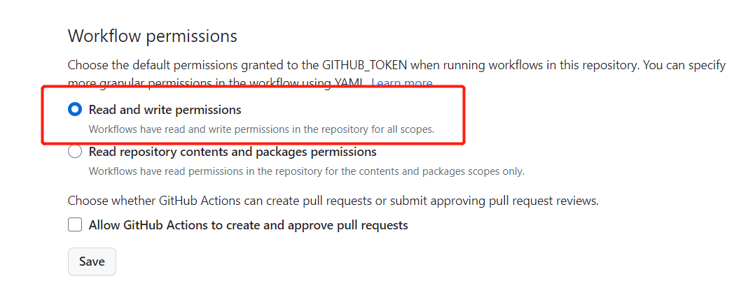 GitHub仓库Actions权限设置页面