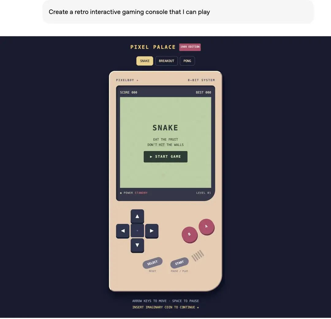 GPT-6 Intelligent UI 生成的复古游戏控制台界面
