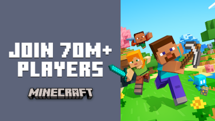 Minecraft宣传图,Steve和Alex手持工具在草地上奔跑,JOIN 70M+ PLAYERS