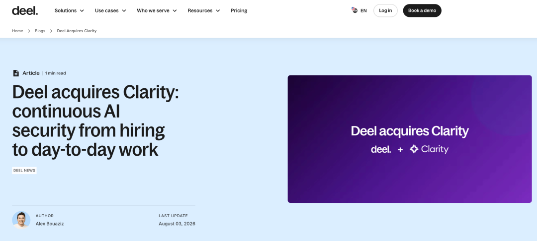 Deel 收购 Clarity 的官方博客公告页面截图