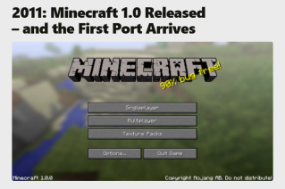 2011年Minecraft 1.0正式版发布画面,主菜单界面和像素风格Logo