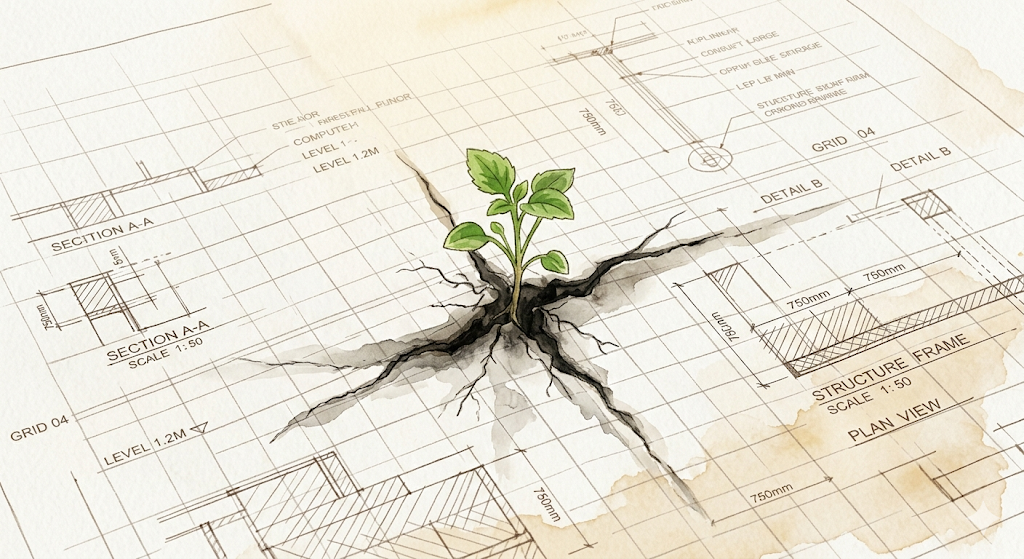 从工程蓝图中生长出的绿色幼苗:象征突破与改变