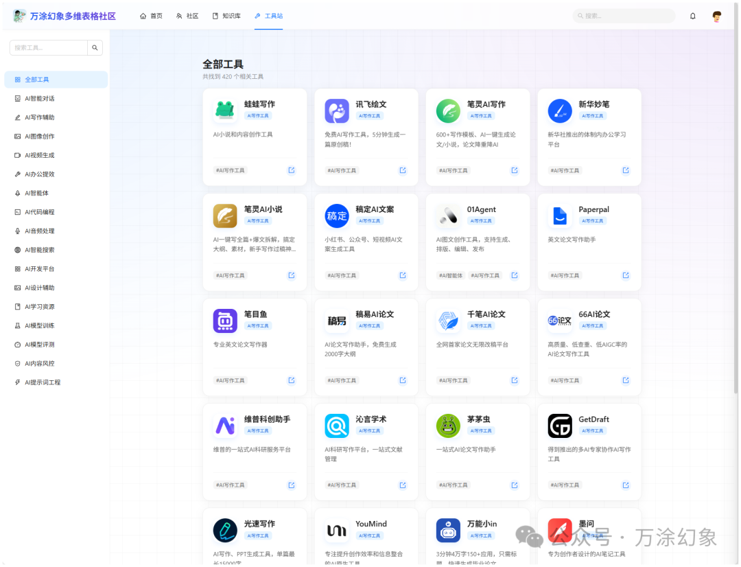 万涂幻象多维表格社区的工具站页面截图