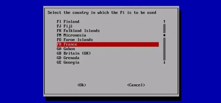raspi-config 工具中的国家选择界面