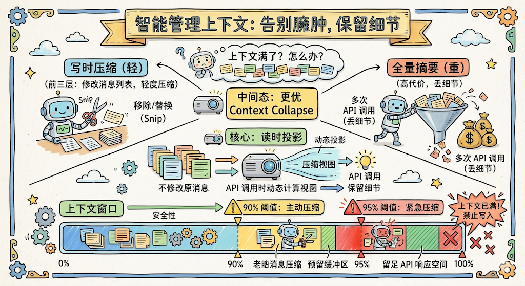 一张关于智能管理上下文的科普信息图,主题为‘智能管理上下文:告别臃肿,保留细节’。图中包含多个卡通机器人角色、图标和流程说明。左上角机器人手持剪刀处理文档,标注‘写时压缩(轻)’,含‘Snip’‘移除/替换(Snip)’等文字;中间黄色框标出‘中间态:更优 Context Collapse’;右侧机器人将文件倒入漏斗,标注‘全量摘要(重)’,强调‘高代价,丢细节’;中部绿色框为‘核心:读时投影’,展示‘压缩视图’‘API 调用’‘保留细节’等流程;底部横条形图示‘上下文窗口’,从0%到100%,分段标注‘老哨息压缩’‘预留缓冲区’‘留足 API 响应空间’,并有安全性和阈值提示(90%阈值:主动压缩;95%阈值:紧急压缩),右端红色区域标‘上下文已满!禁止写入’。